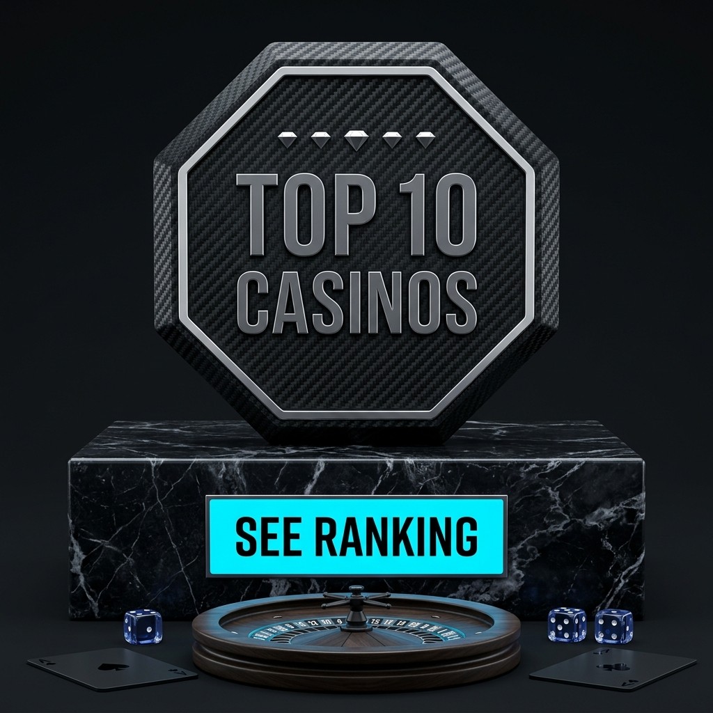 SocialSwissGame: a Top 10 Casinos carbon token on a marble plinth with a See Ranking sign, roulette wheel, dice and cards.